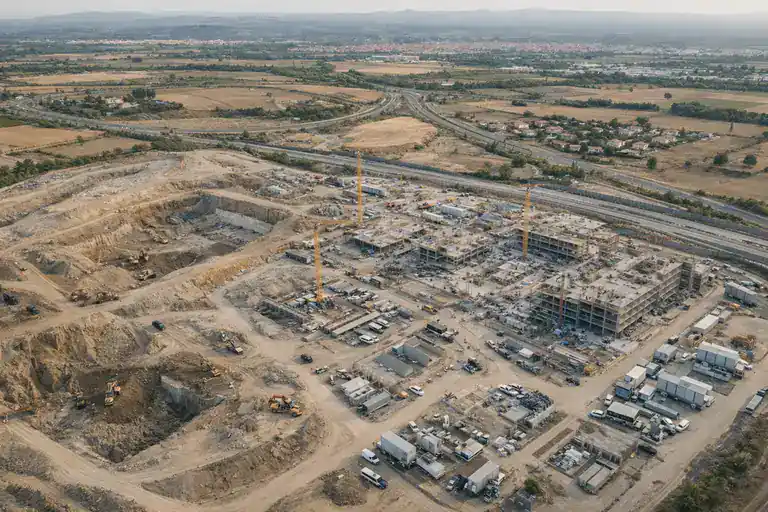 Vista aérea de obra en progreso capturada con drone profesional 4K LOG flat
