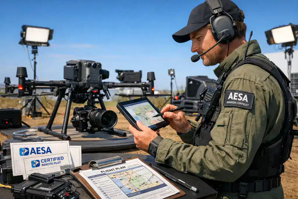 Operador AESA certificado revisa plan de vuelo junto a drone profesional Matrice 350 RTK