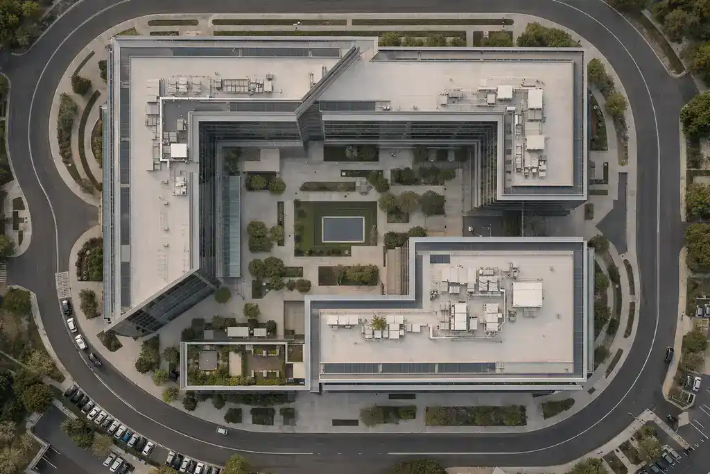 Vídeo aéreo profesional con drone de fachada corporativa moderna grabada en 4K con gimbal estabilizado
