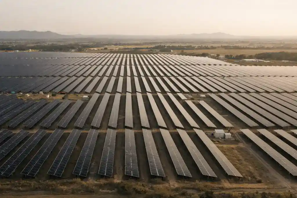 Huerto solar masivo visto desde drone a la hora dorada, perspectiva aérea profesional