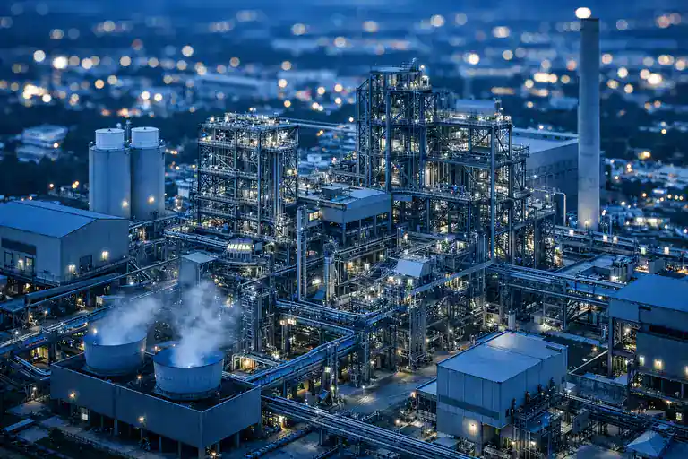 Fotografía aérea nocturna de complejo industrial de ingeniería en blue hour, perspectiva tele 35mm con bokeh de fondo