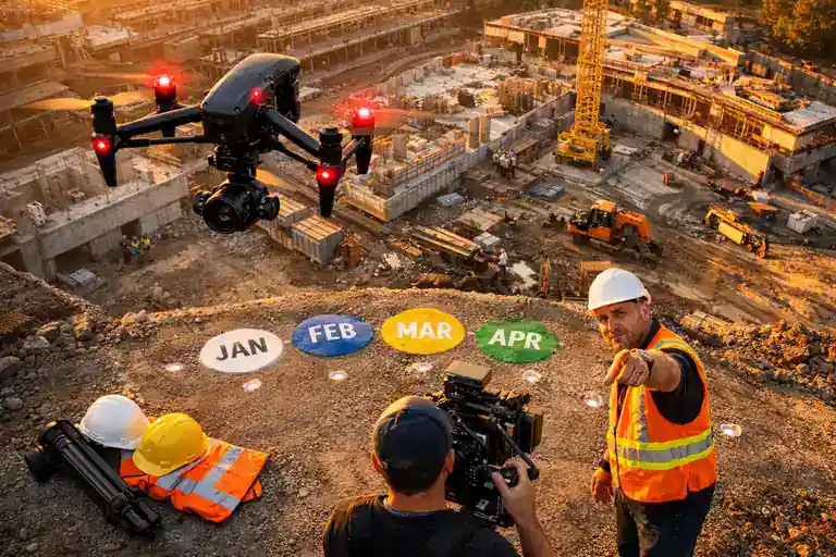 Drone cinematográfico Inspire 3 en vuelo sobre obra de construcción mostrando puntos de medición mensual