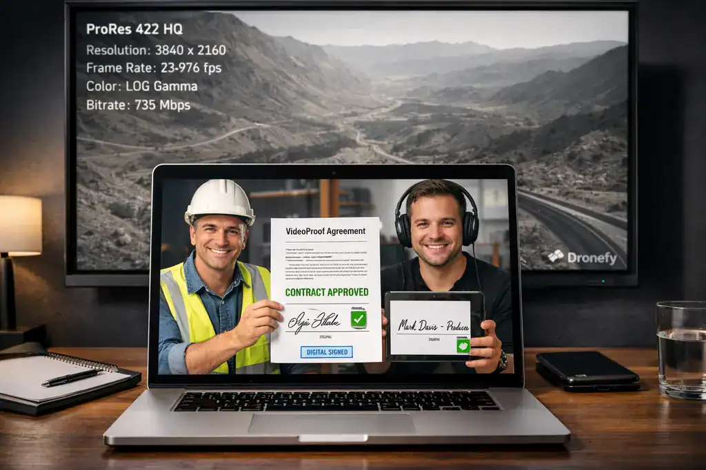 Aprobación final de vídeo aéreo 4K en pantalla calibrada: contrato completado, archivos ProRes entregados