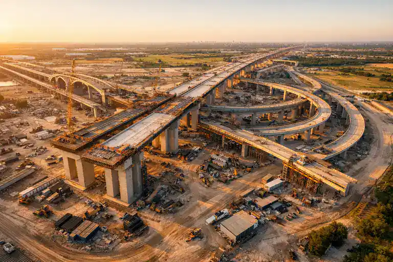 Vista aérea cinematográfica de obra de infraestructura de gran escala durante hora dorada, captura con lente wide gimbal profesional