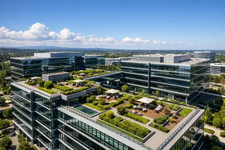 Fachada corporativa moderna fotografiada desde el aire con drone profesional