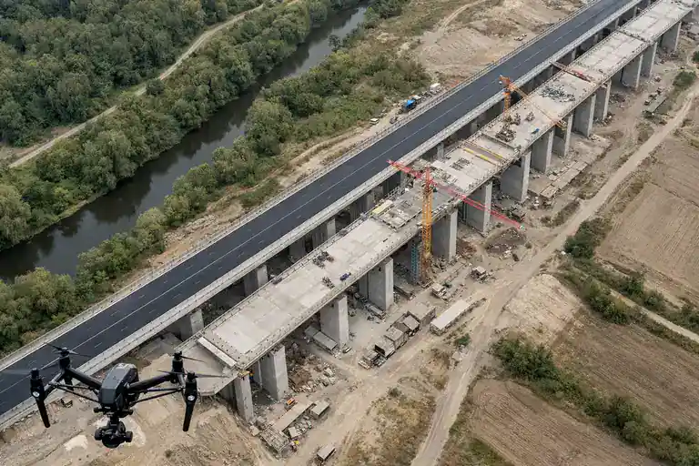 Viaducto de autopista en construcción visto desde drone aéreo con gimbal cinematográfico