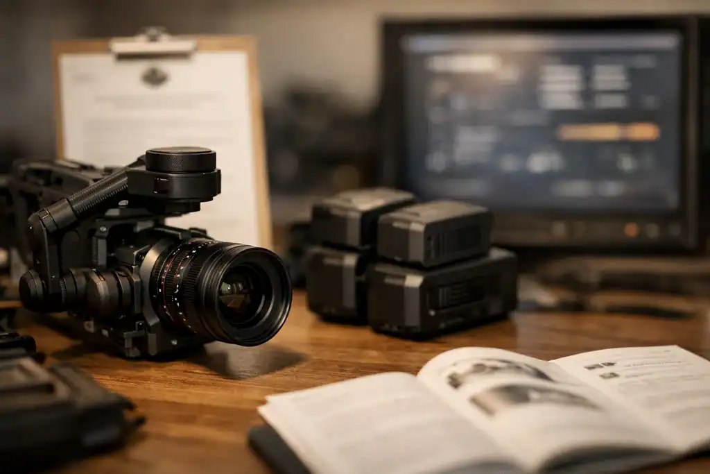 Kit profesional de operador drone: gimbal, sensor cinematográfico, baterías y certificación AESA sobre escritorio de dirección