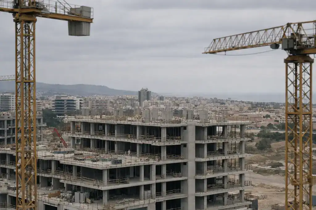 Movimiento parallax aéreo de construcción residencial, profundidad cinematográfica