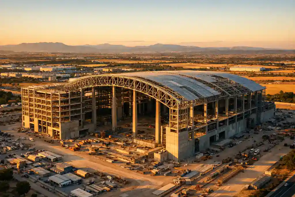 Grabación aérea de proyecto de infraestructura masiva en construcción visto desde 100 metros de altura en luz dorada cinematográfica