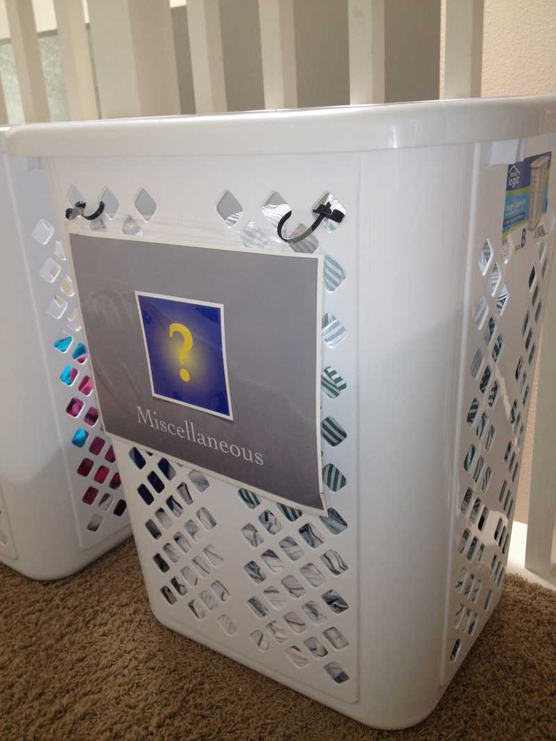 Large Laundry Basket with a Sign attached reading "Miscellaneous" with a large ?.