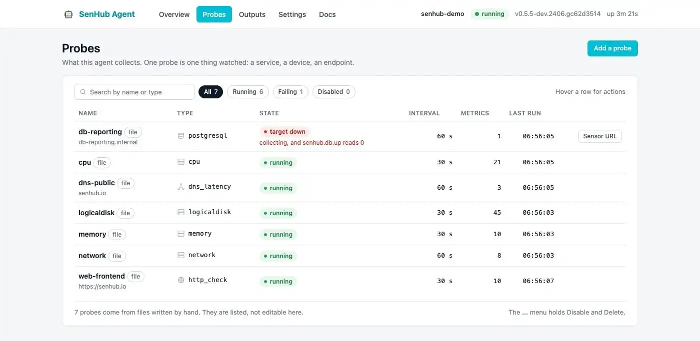 Page Probes de la console SenHub Agent 0.5.5 : sept sondes listées avec leur état, dont une signalée en échec et la raison de cet échec.