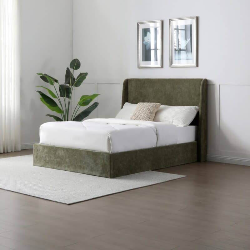 Kyoto Denver Multi Lift Ottoman Bed in Olive Herringbone Chenille Fabric