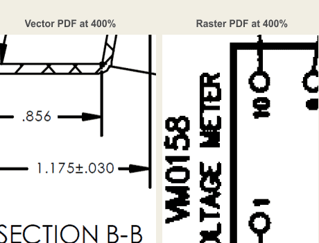 side-by-side example of the difference between raster and vector PDF file