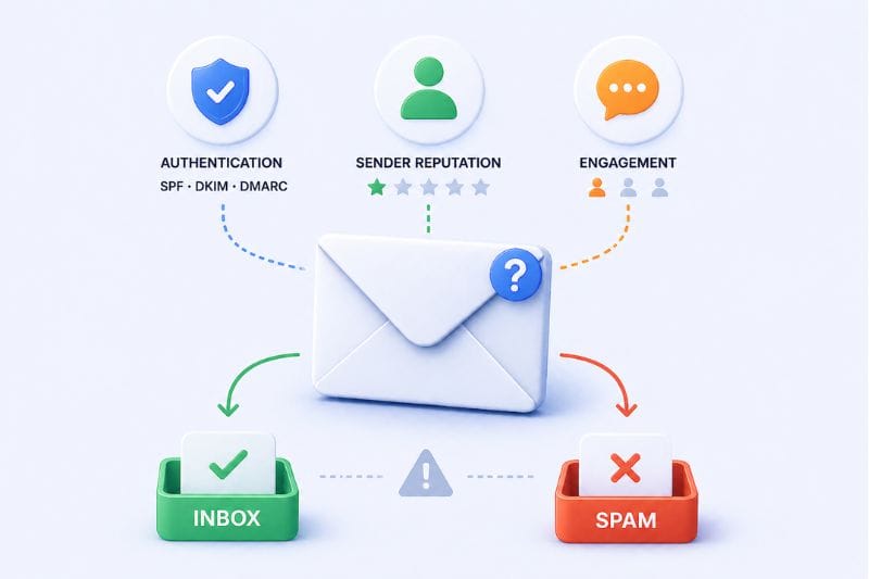 Diagram showing an envelope with arrows pointing to authentication, sender reputation, and engagement—answering "why are my emails going to spam" by leading either to an inbox with a check mark or a spam folder with an X.