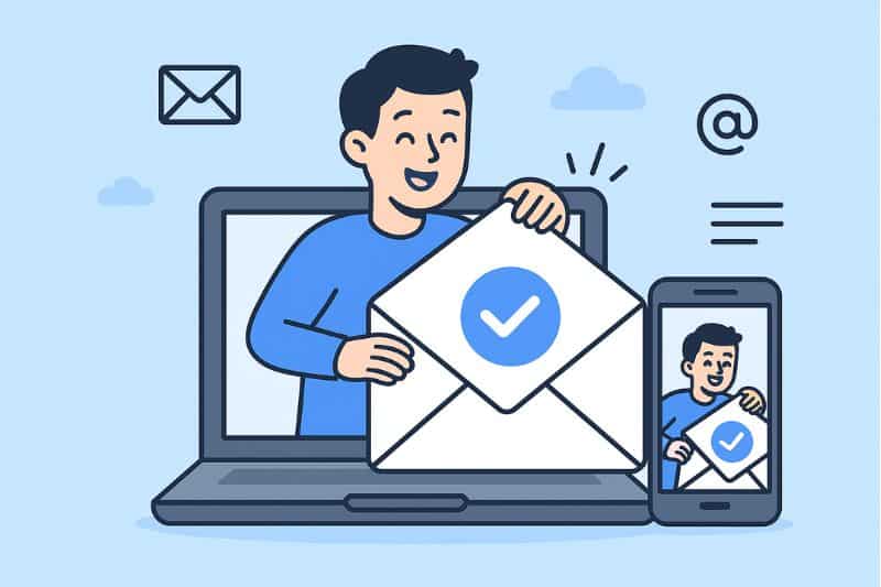 Illustration of a person emerging from a laptop screen holding a large envelope, with the same image displayed on a smartphone, representing digital communication and email marketing best practices.