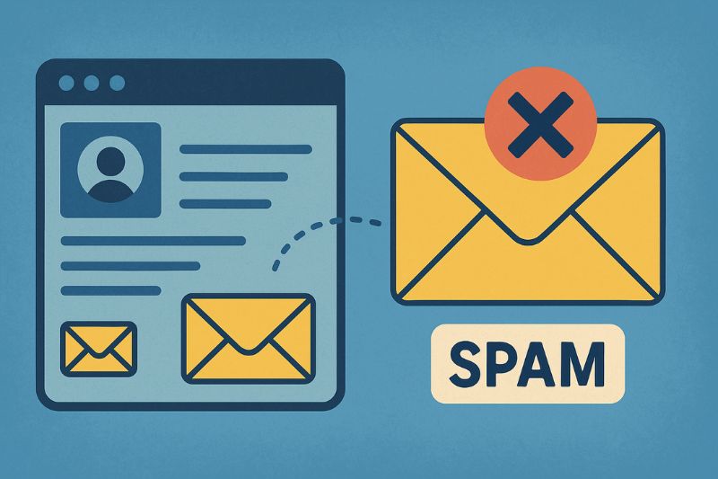 Illustration of an email labeled “Amazon SES Emails Going to Spam” being moved from an inbox screen to a large envelope marked “SPAM,” with a red X symbol above it.