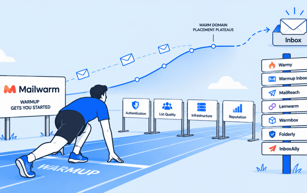 Illustration: a runner in the starting blocks beside a Mailwarm sign reading "Warmup gets you started", a placement curve that rises then plateaus at "warm domain" before reaching the inbox, hurdles labeled Authentication, List Quality, Infrastructure and Reputation, and a signpost of alternative tools ending with InboxAlly