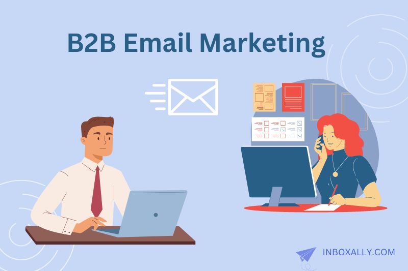 Two business professionals working on effective B2B email marketing at their desks. One man types on a laptop, while a woman talks on the phone, with messaging icons and charts in the background.