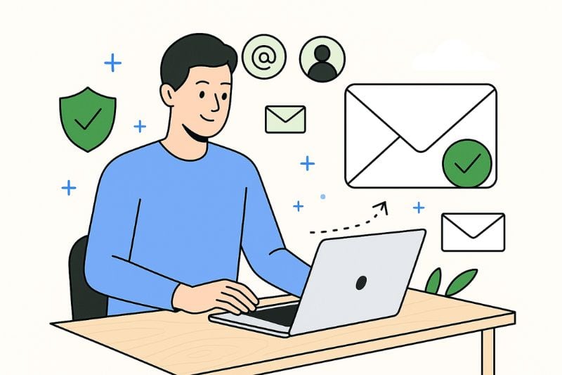 Ilustração de uma pessoa usando um laptop em uma mesa, cercada por ícones de e-mail, perfil de usuário e segurança, sugerindo esforços para melhorar a capacidade de entrega de e-mails da InfusionSoft por meio de comunicação segura.