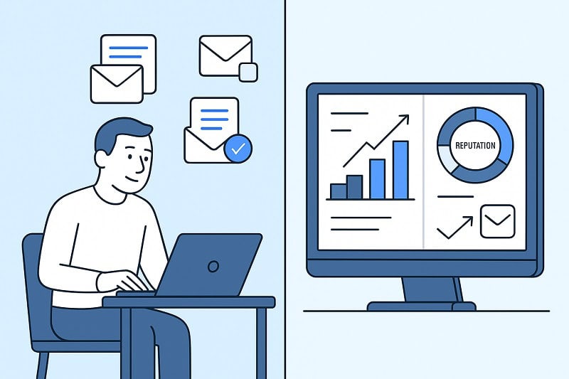 A person sits at a desk using a laptop, with envelopes floating nearby; a monitor displays graphs and a reputation chart, symbolizing the expertise of Email Deliverability Experts And Consultants.