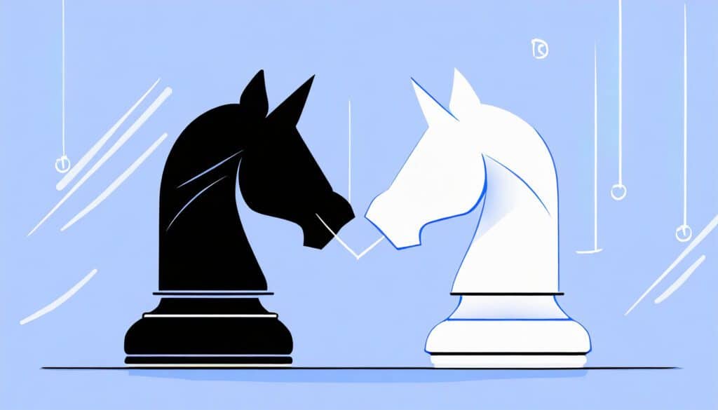 Two chess pieces face each other on a cold blue background.