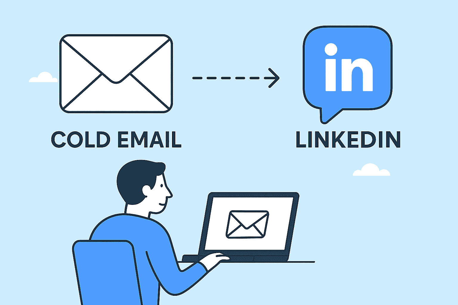 Ilustração de uma pessoa em um laptop com ícones que representam Cold Email vs. LinkedIn, destacando as diferenças nas estratégias de alcance e rede.