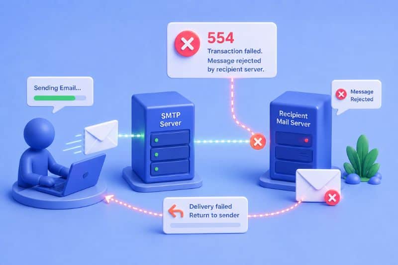 Email delivery flow illustrating an SMTP 554 rejection between the sending server and recipient mail server.