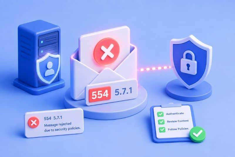 Illustration of SMTP Error 554 5.7.1 showing an email rejected due to security policies and the authentication checks needed to resolve it.