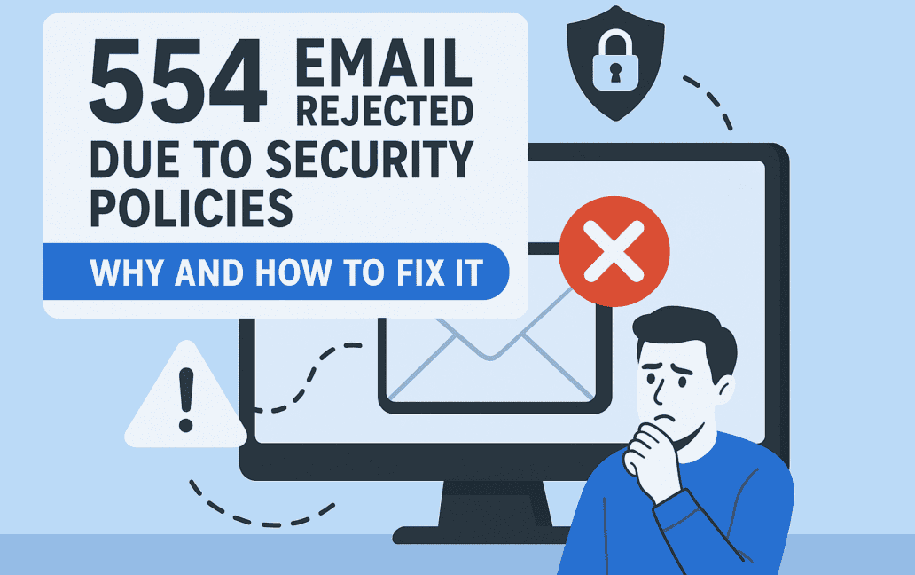 Illustration of a worried person by a computer screen displaying "554 Email rejected due to security policies" with a red cross icon, padlock symbol, and text "Why and how to fix it.
