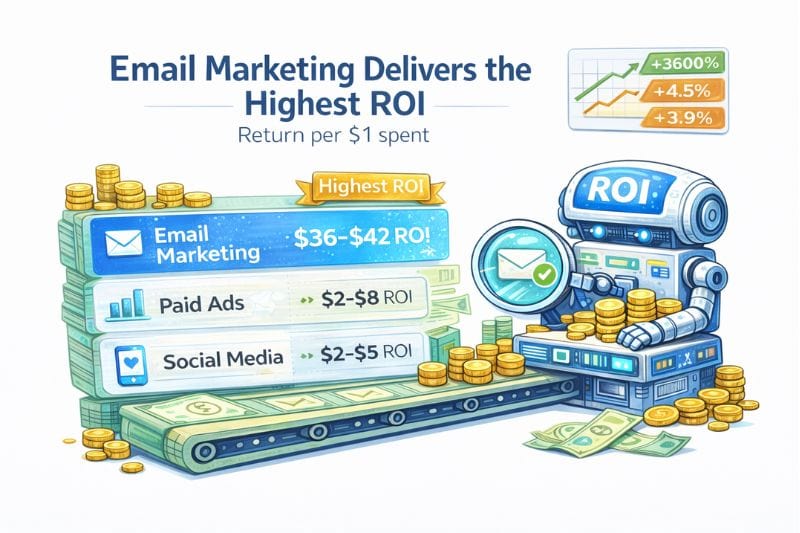 Infographic shows the ROI of Email Marketing leads at $36–$42 per $1 spent—far outpacing paid ads ($2–$8) and social media ($2–$5). A robot processes coins and cash in the visual.