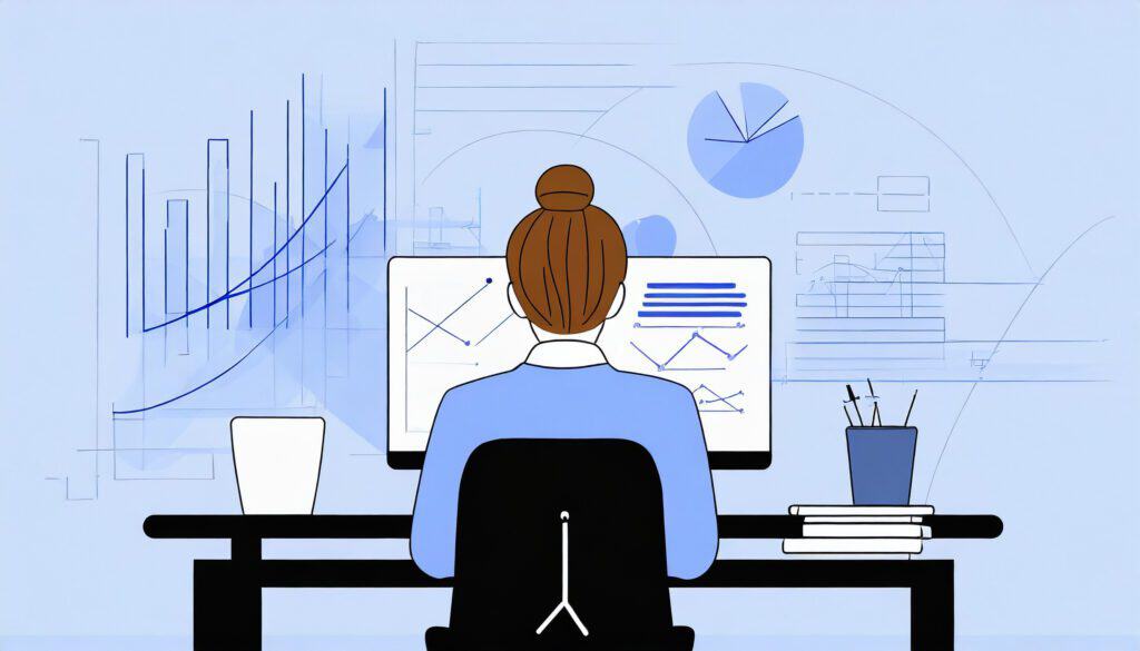 A woman sitting at a desk analyzing the ROI of email marketing with graphs on her computer.