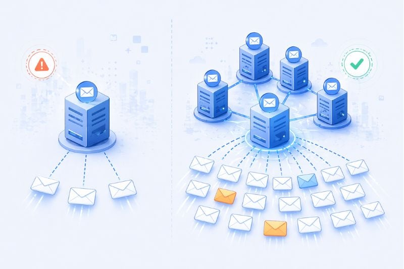 Illustration comparing a single email server to a distributed network, highlighting unreliable delivery on the left and—essential for those wondering how many cold emails land successfully—reliable, efficient delivery on the right.