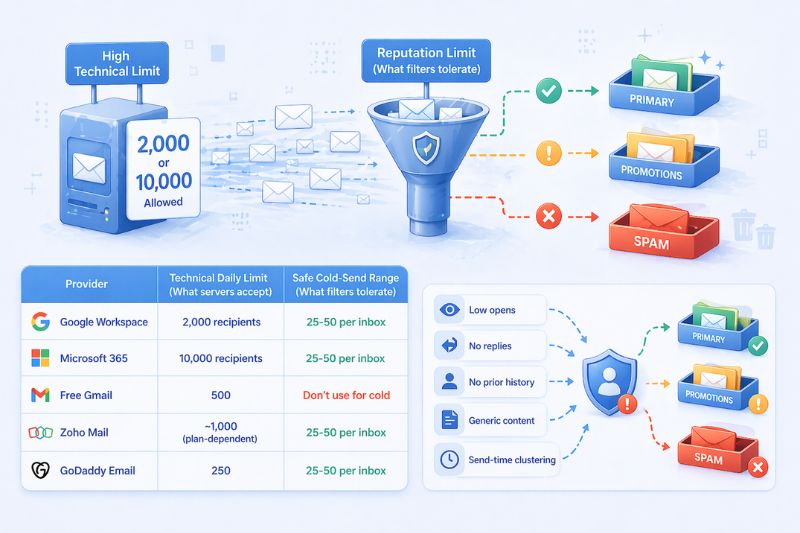 Infographic showing How Many Cold Emails you can send by provider and how reputation filters sort emails into primary, promotions, or spam folders based on cold-send volume and other criteria.
