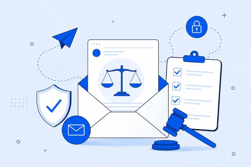 Illustration of legal symbols including a scale, gavel, checklist, shield with a checkmark, lock, and envelope on a blue-toned background, representing legal and compliance concepts such as bulk email legal requirements.