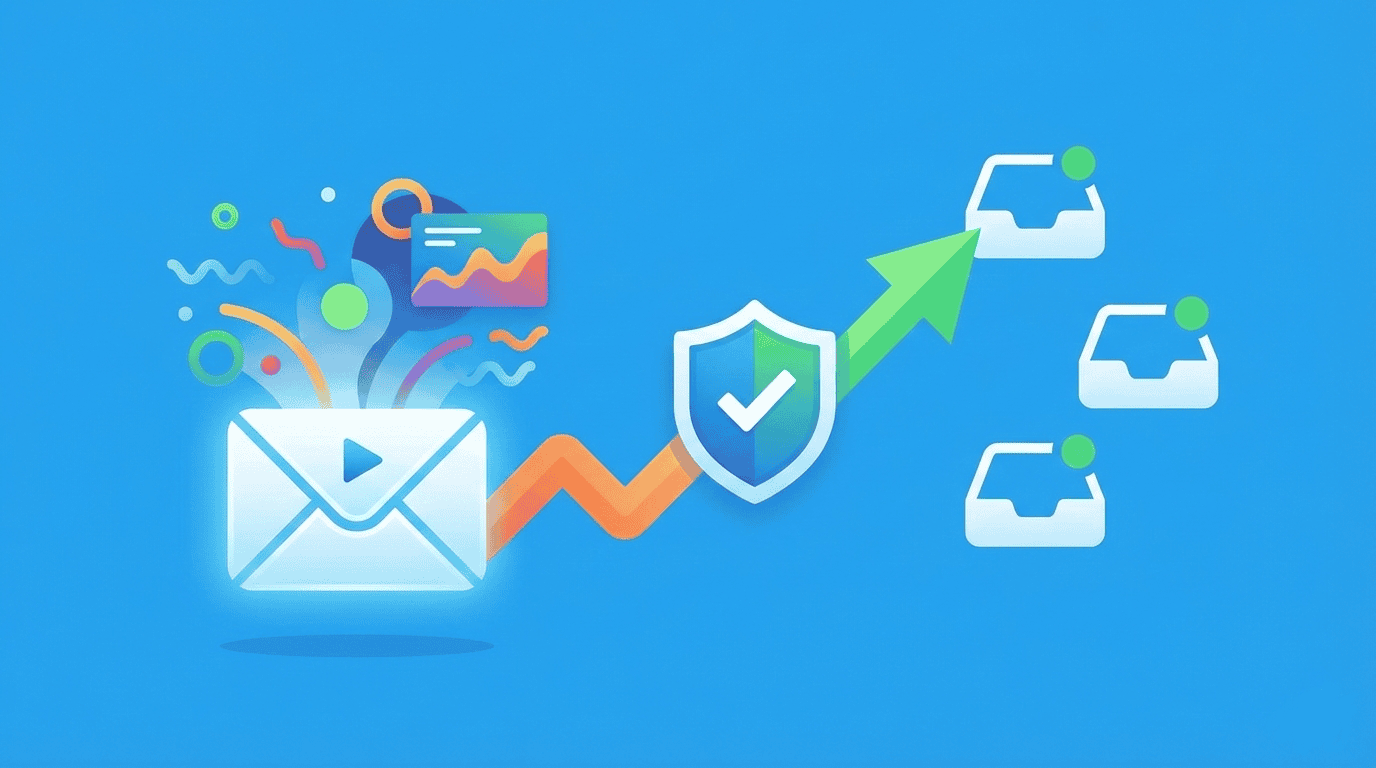 An illustration of an email envelope with digital graphics, a shield with a checkmark, and an arrow pointing to multiple inbox icons, showcasing secure email delivery and the latest trends 2024 in email graphic design.