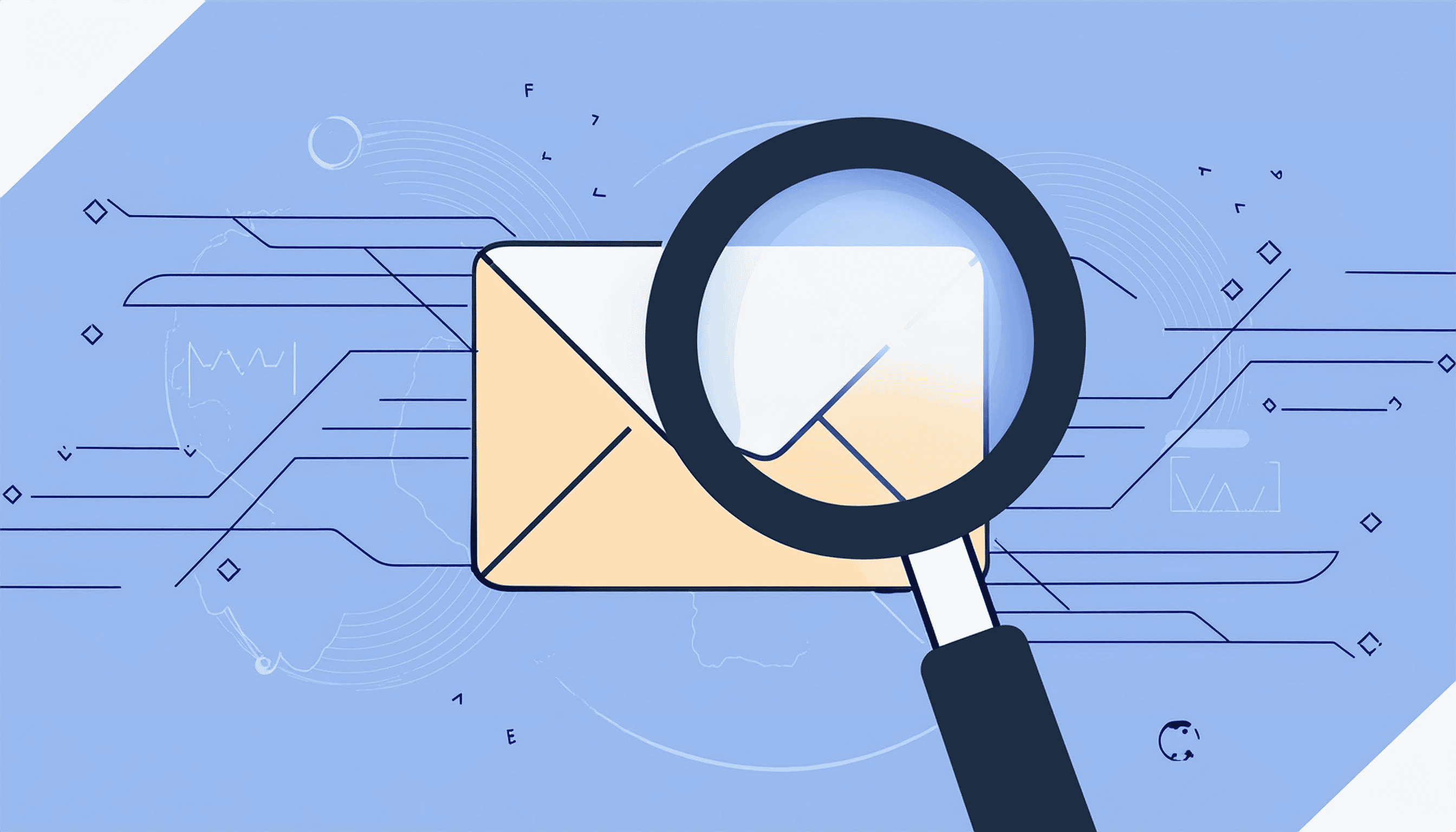 Illustration of a magnifying glass focusing on an envelope, symbolizing email analysis, with abstract digital elements in the background on a blue gradient.