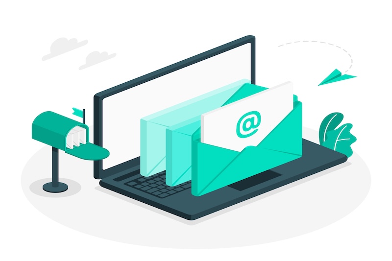 Ilustração de um laptop aberto com ícones de e-mail e envelopes saindo dele, destacando a importância dos e-mails de acompanhamento sem enviar muitos acompanhamentos.