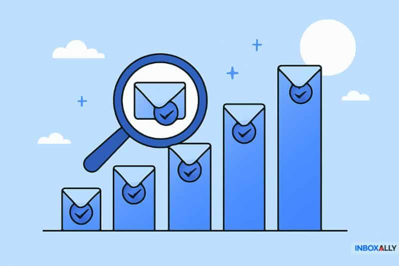 Illustration of five increasing bar graph columns, each with an envelope icon and checkmark, plus a magnifying glass highlighting the second envelope—perfect for visualizing How to Increase Email Open Rates. 