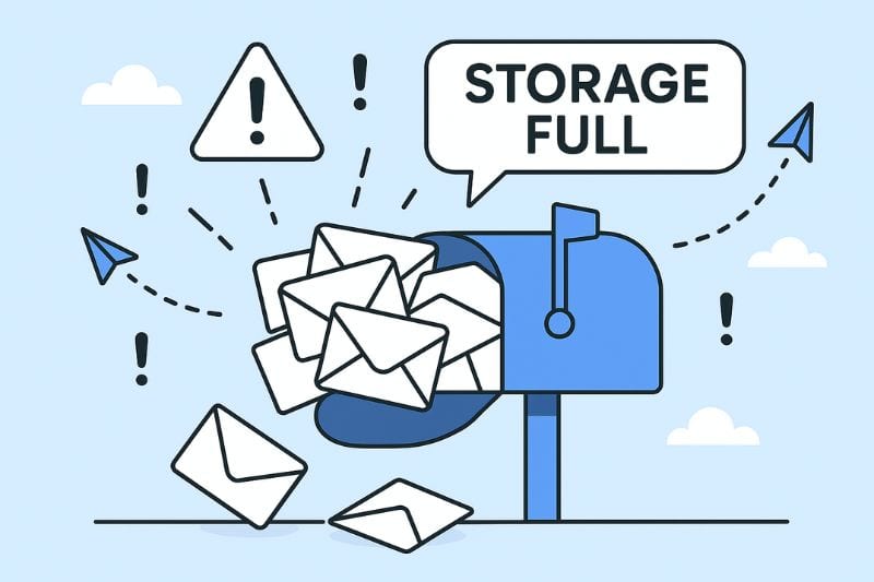 Ilustração de uma caixa de correio azul cheia de envelopes, cercada por pontos de exclamação, aviões de papel e um balão de fala dizendo 