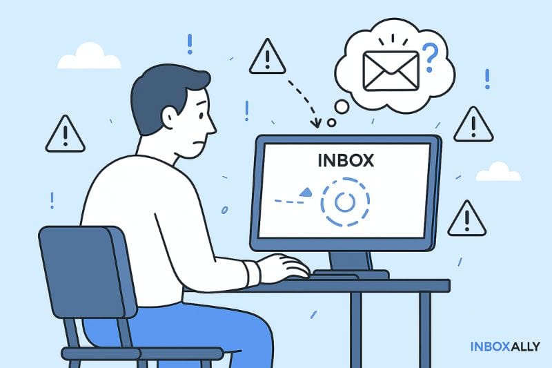 Illustration of a person sitting at a desk, looking at a computer screen displaying "INBOX" with warning symbols and a question mark above their head, highlighting the issue of an email sent but not received by recipient.