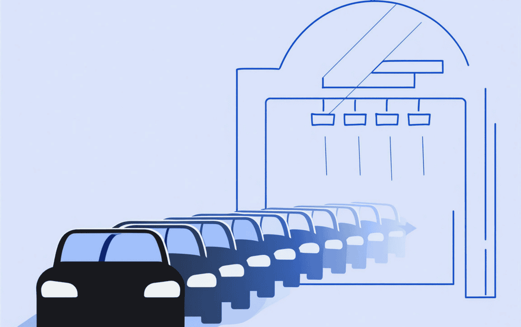 Illustration of several cars lined up in front of a car wash with an arched entrance, much like carefully organizing tasks to clean an email list.