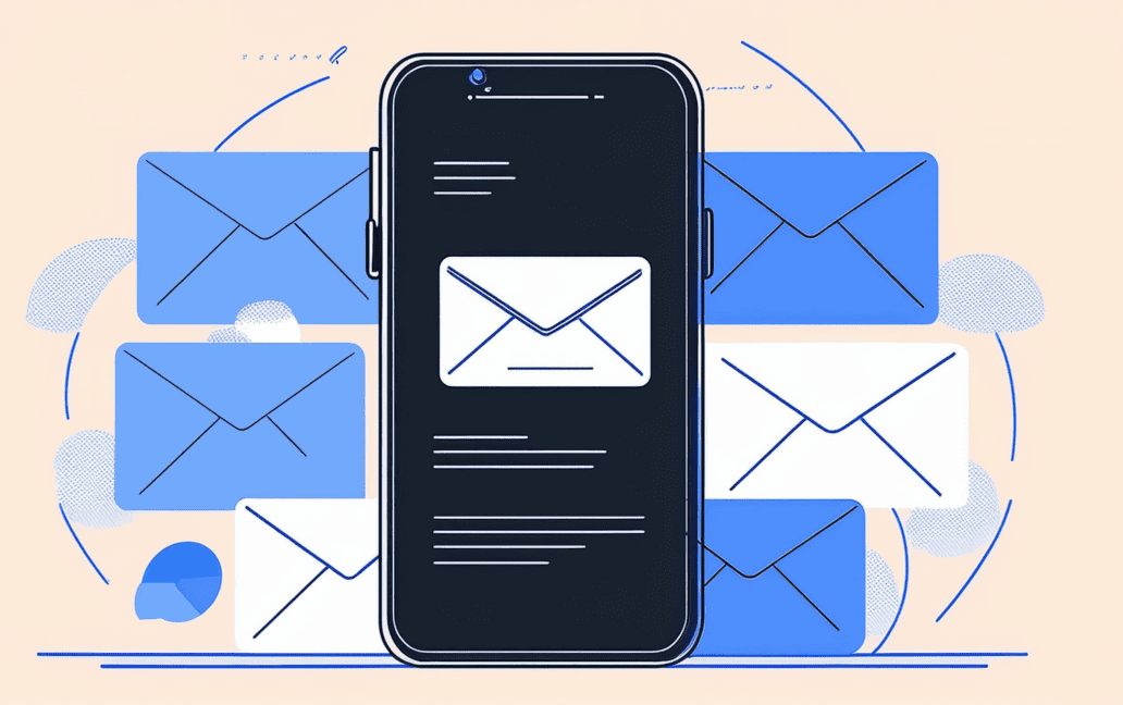 Illustration of a smartphone displaying an email, surrounded by several envelopes in blue and white colors on a light background, highlighting the importance of effective email subject lines for better deliverability.