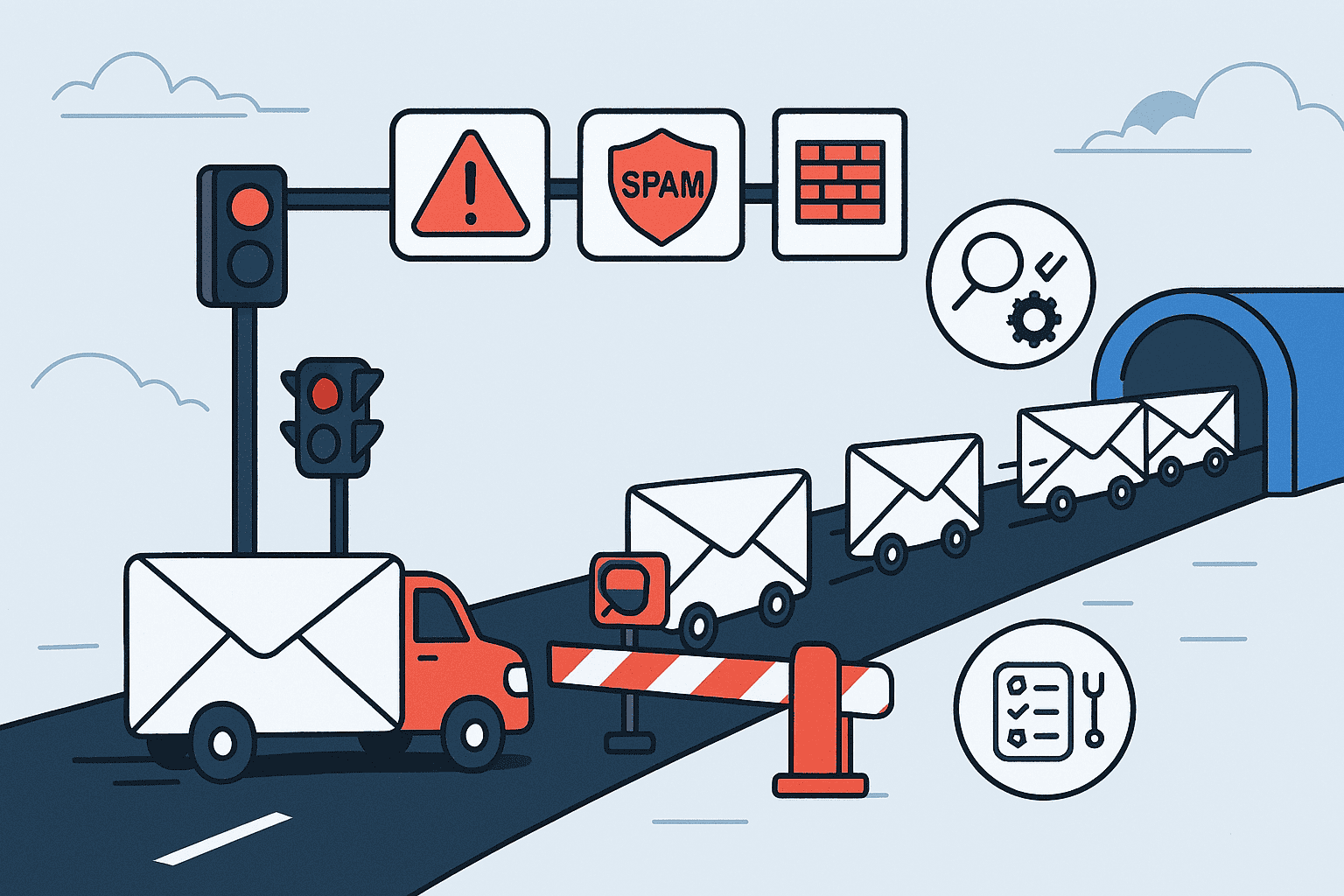 Illustration of envelopes in vehicles halted at a gate, with signs depicting spam filter, Yahoo blocking my emails, and search icons, symbolizing the email filtering process.