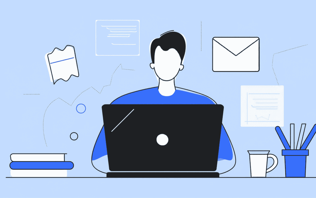 A simplified illustration of a person working on a laptop surrounded by various icons and office items, including documents, an envelope, books, and a pencil holder. One screen displays "best guest post email templates for 2024," showcasing the latest trends in digital communication.