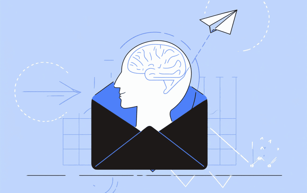 An illustration shows a human head with a brain inside an envelope, with a paper airplane flying out, depicting the concept of bypassing spam filters. Set against a light blue background with various abstract elements, it captures the essence of communicating effectively and unspamming an email.