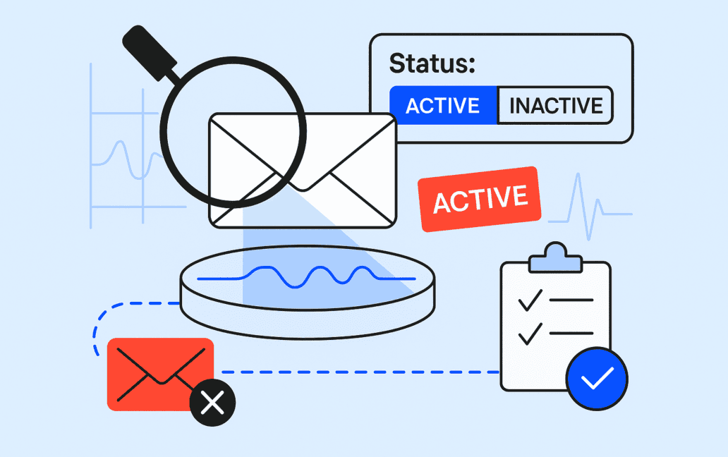 Illustration of envelopes, a magnifying glass, a clipboard with a checklist, and status labels marked "ACTIVE" and "INACTIVE," representing email address verification or tools to check if an email is valid.