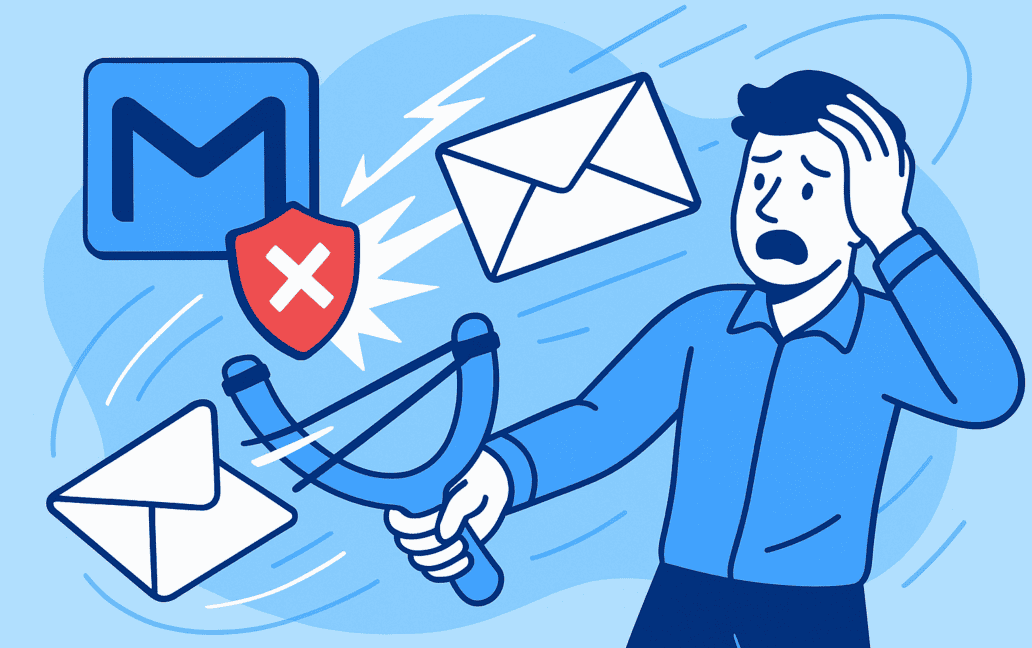 Illustration of a person using a slingshot to deliver envelopes and a shield with a red cross. This visual metaphor represents tackling the dilemma of “why is Gmail blocking my emails.”