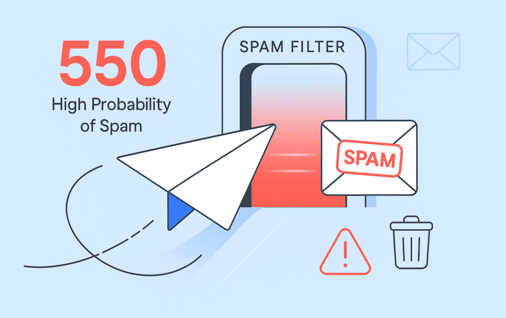 Illustration of an email marked "spam" entering a filter, featuring the number 550 and "High Probability of Spam" next to warning and trash can icons, highlighting the 550 High Probability of Spam alert.