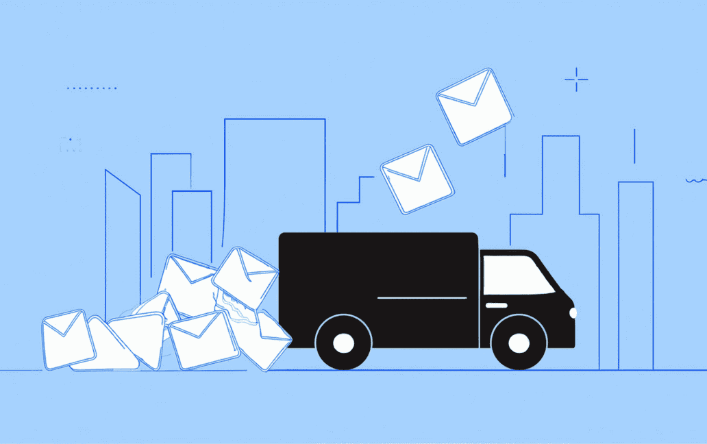 Illustration of a black delivery truck driving through a cityscape in 2024, with envelopes spilling out of the back and flying through the air like a mass email.