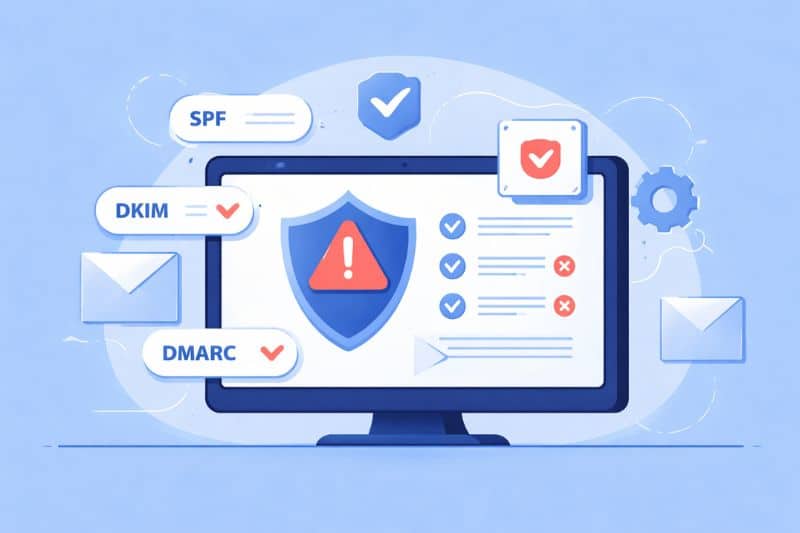 A computer monitor displays a security alert with shield icons, email security protocols (SPF, DKIM, DMARC), and checklists, highlighting how to fix Email Delivery Issues and address their causes for enhanced email protection and cybersecurity.